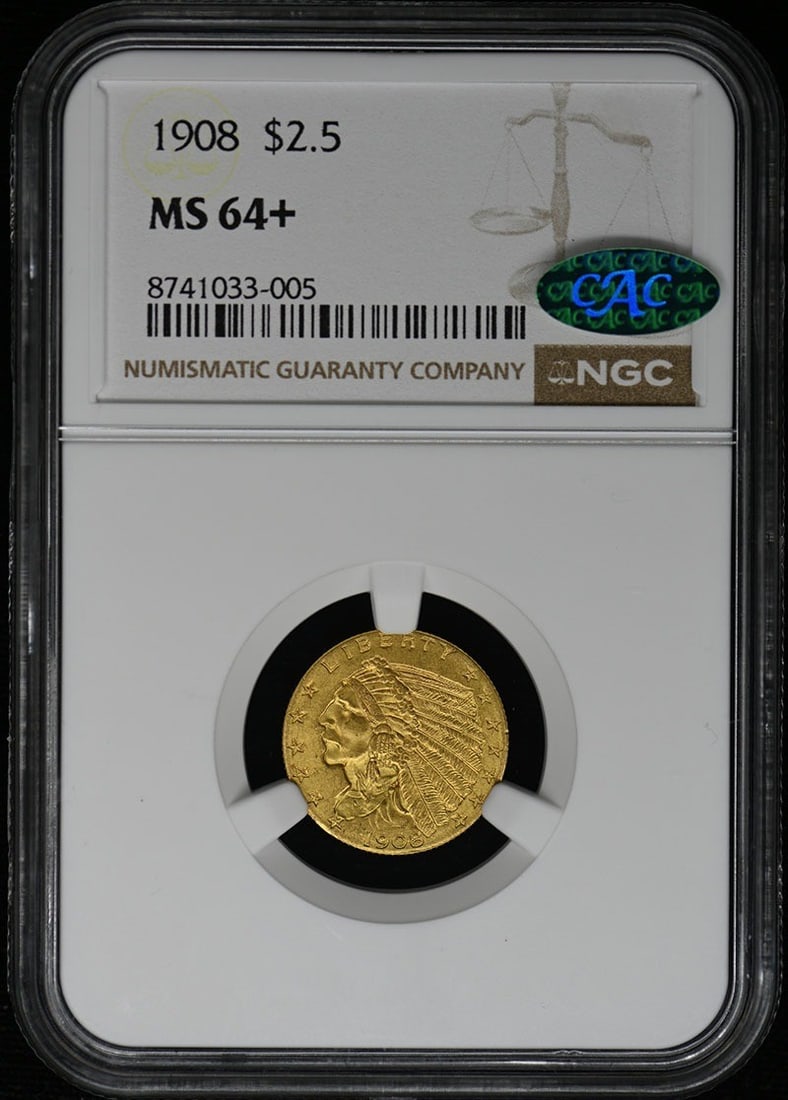 1908 Indian Head $2.50 Coin NGC MS64+ CAC Certified: 1908 Indian Head $2.50 Coin NGC MS64+ CAC Certified This stunning 1908 Indian $2.50 gold coin is certified by NGC with a high grade of MS64+ and features CAC approval, ensuring its exceptional quality