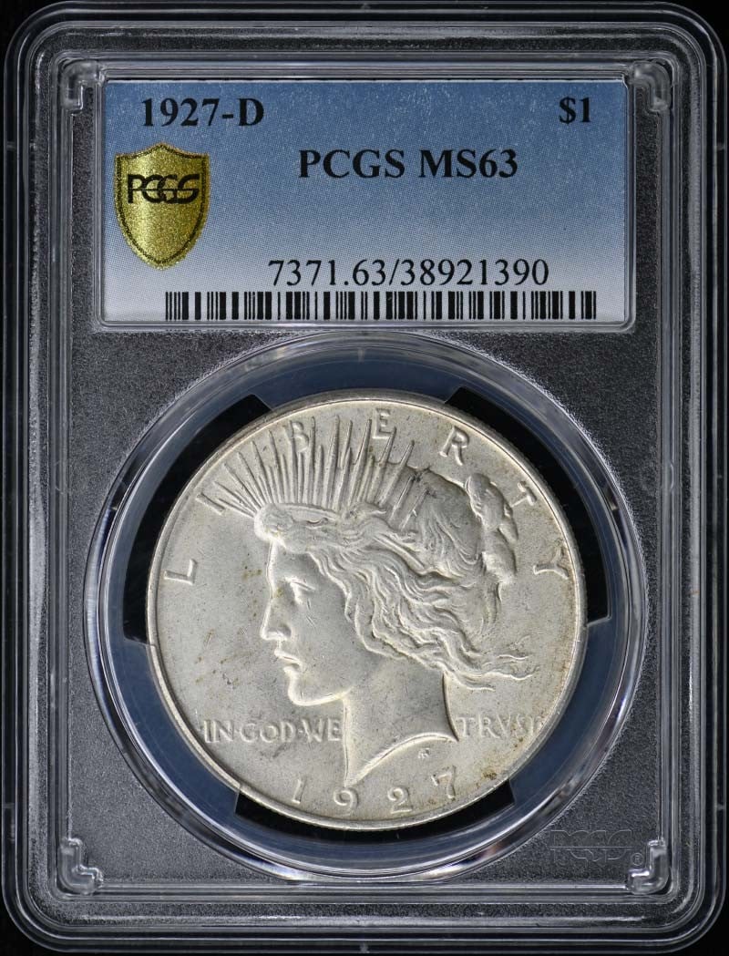 PCGS MS63 1927 Denver Mint Peace Silver Dollar: PCGS MS63 1927 Denver Mint Peace Silver Dollar This 1927-D Peace Dollar is graded MS63 by PCGS and was minted in Denver. It is an uncirculated, pre-owned coin from the United States, featuring the cla
