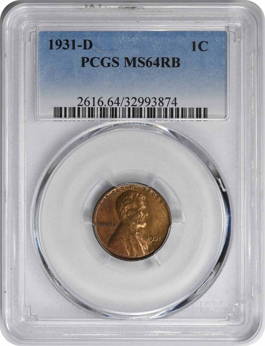 PCGS MS64RB 1931 Denver Lincoln Wheat Cent Uncirculated: PCGS MS64RB 1931 Denver Lincoln Wheat Cent Uncirculated This 1931-D Lincoln Wheat Cent is graded MS64RB by PCGS and remains uncirculated. Struck at the Denver Mint, it is composed of 95% copper and 5%