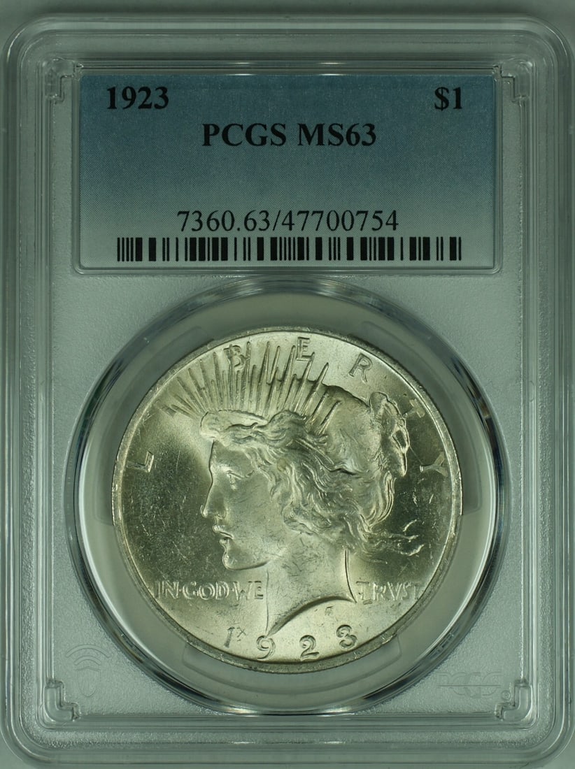 PCGS Certified 1923 Peace Silver Dollar MS 63 Plus Uncirculated: PCGS Certified 1923 Peace Silver Dollar MS 63 Plus Uncirculated This is a 1923 Peace Silver Dollar coin from the United States, graded MS 63+ by PCGS. The coin is composed of silver, has a denominatio