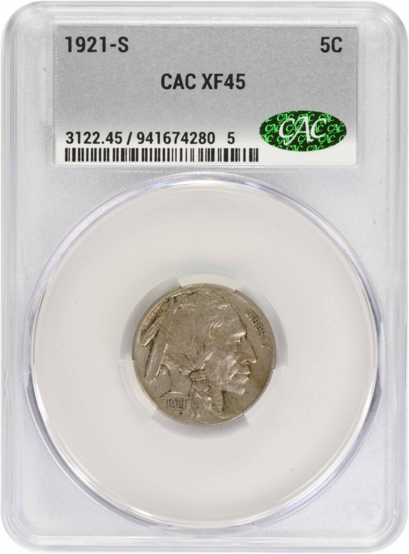 CACG Certified 1921-S Buffalo 5C Nickel EF45: CACG Certified 1921-S Buffalo 5C Nickel EF45 This 1921 Buffalo Nickel was minted in San Francisco and is graded EF45 by CACG. Designed by James Earle Fraser, the coin is composed of 75% copper and 25%