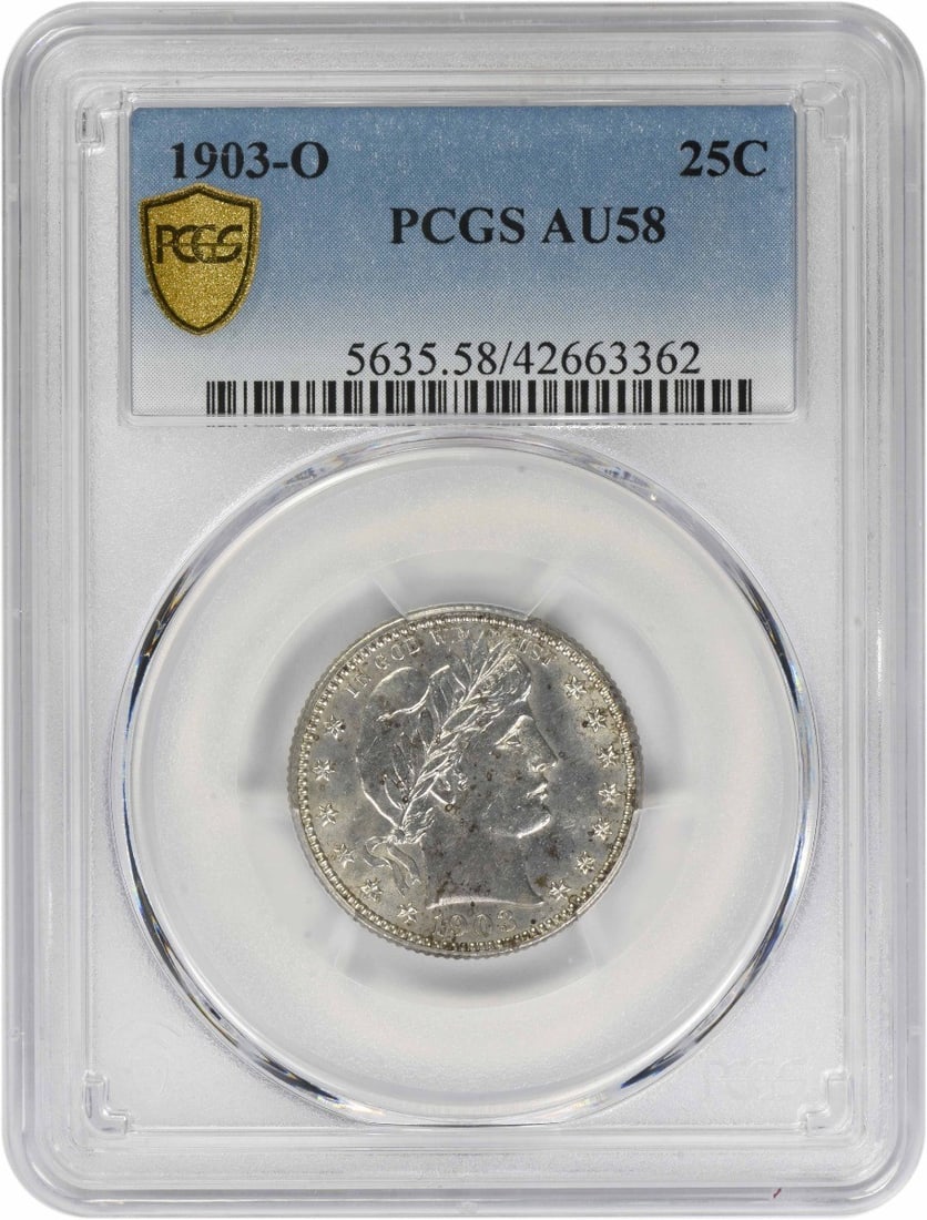PCGS AU58 1903-O United States Barber Quarter 25C Silver Coin: PCGS AU58 1903-O United States Barber Quarter 25C Silver Coin This 1903-O Barber Quarter from the New Orleans Mint is graded AU58 by PCGS. Designed by Charles E. Barber, the coin is composed of 90% si