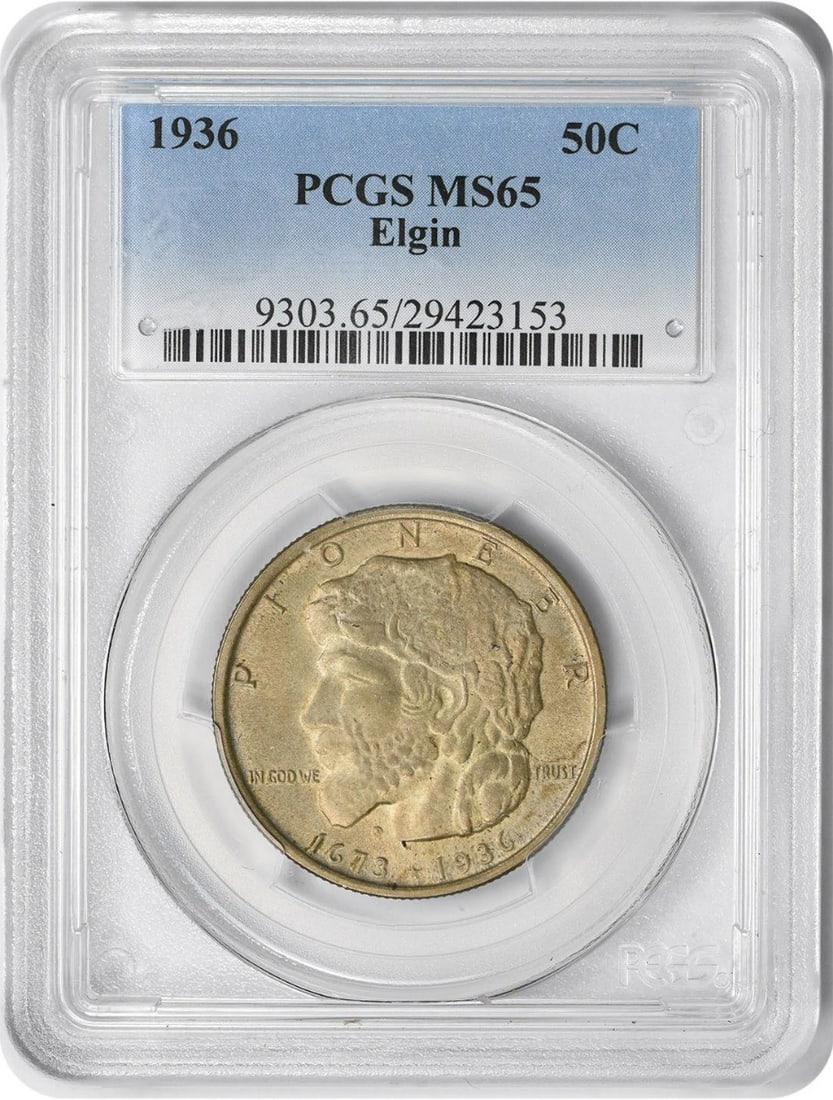 1936 Elgin Commemorative Silver Half Dollar MS65 PCGS 90% Silver: 1936 Elgin Commemorative Silver Half Dollar MS65 PCGS 90% Silver This 1936 Elgin Commemorative Silver Half Dollar is a stunning piece certified by PCGS with a grade of MS65, ensuring its pristine qual