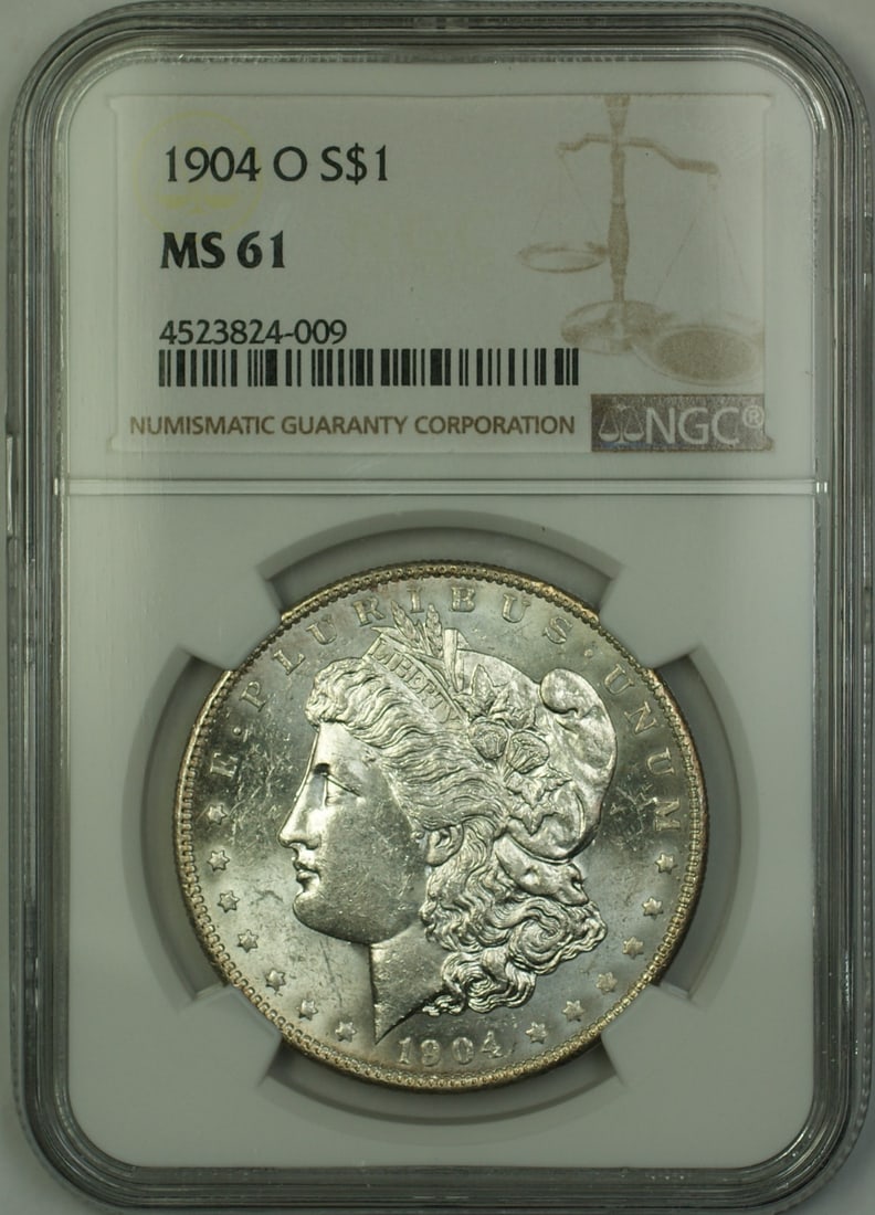 NGC MS 61 1904-O Morgan Dollar Silver Coin: NGC MS 61 1904-O Morgan Dollar Silver Coin This is a 1904-O Morgan Silver Dollar graded MS-61 by NGC. Minted in New Orleans, this uncirculated coin is composed of silver and features the classic Morga