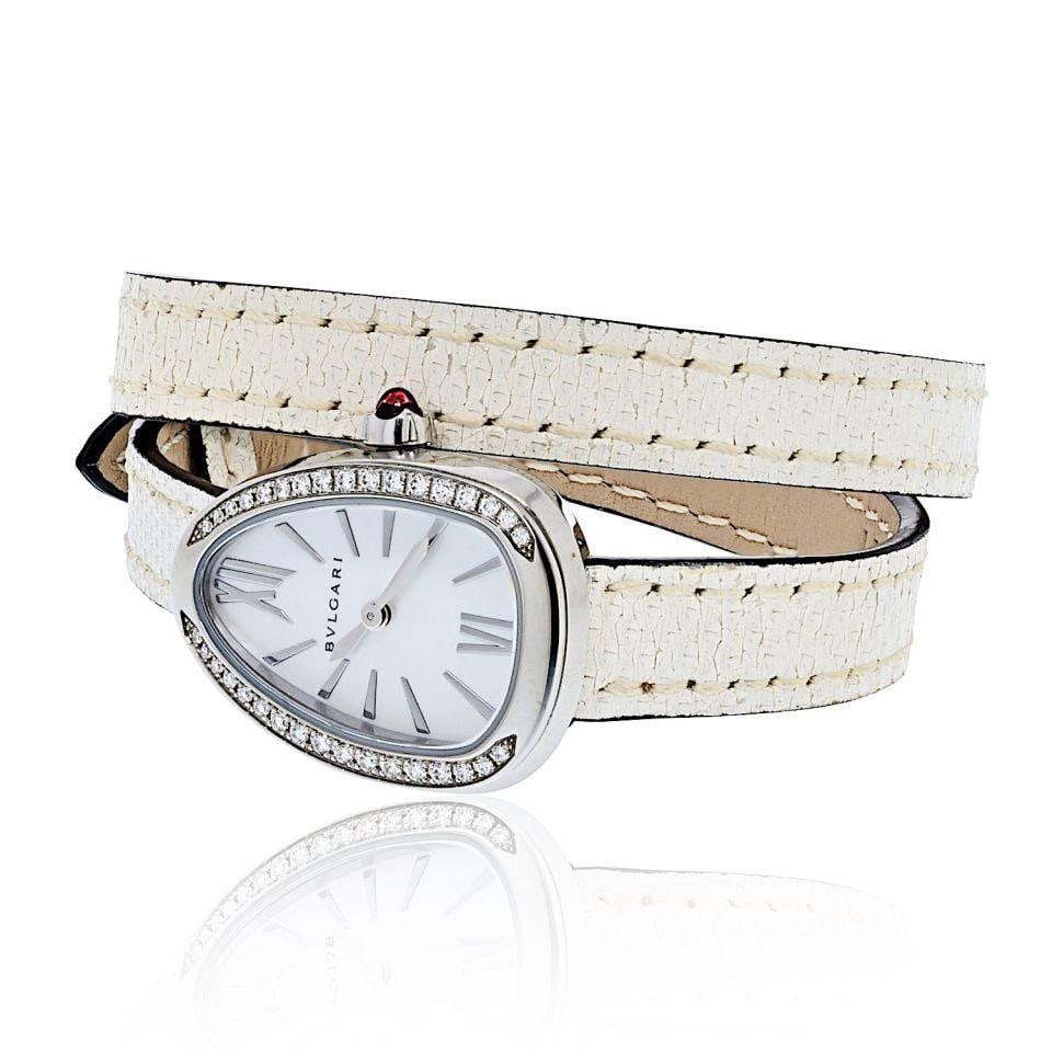 Bvlgari Serpenti 18K White Gold Diamond Dial Ladies Watch: Bvlgari Serpenti 18K White Gold Diamond Dial Ladies Watch Discover the exquisite Bvlgari Serpenti ladies watch, crafted from luxurious 18K white gold. This vintage timepiece features a stunning white 