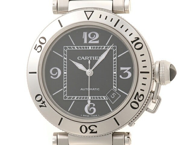 Cartier Pasha Seatimer Stainless Steel Automatic Men's Black Dial Watch: Cartier Pasha Seatimer Stainless Steel Automatic Men's Black Dial Watch This is a Cartier Pasha Seatimer W31077M7 automatic wristwatch designed for men. It features a black dial and a stainless steel 