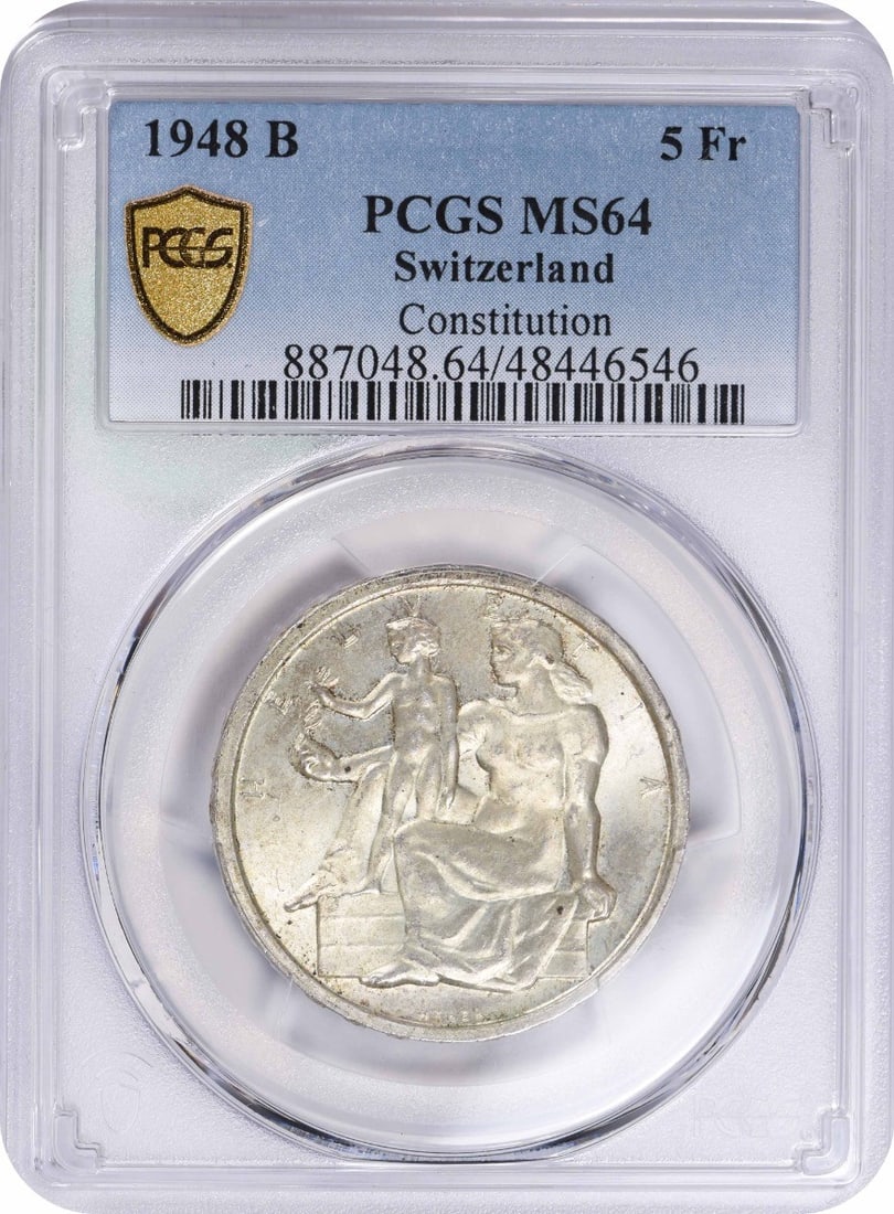 PCGS MS64 1948 Switzerland 5 Franc Silver Coin KM48 Uncirculated: PCGS MS64 1948 Switzerland 5 Franc Silver Coin KM48 Uncirculated This 1948 B Switzerland 5 Franc Constitution coin is composed of silver and has been certified by PCGS with a grade of MS64. It is unci
