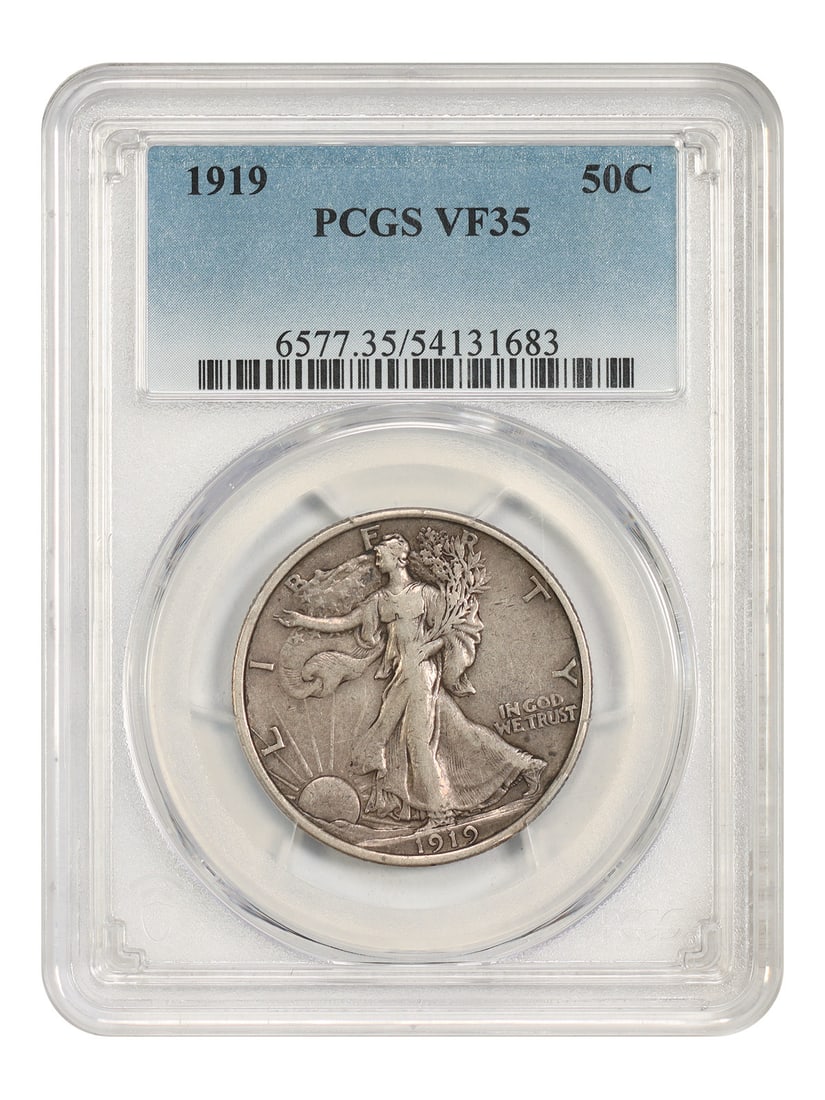 1919 PCGS VF35 Walking Liberty Half Dollar 50C Philadelphia: 1919 PCGS VF35 Walking Liberty Half Dollar 50C Philadelphia This 1919 Walking Liberty Half Dollar is a circulated Philadelphia issue graded VF35 by PCGS. It is described as a scarce date and is offere