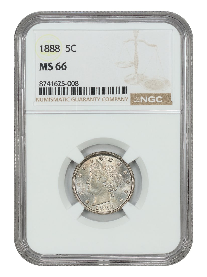 NGC MS66 1888 Liberty Nickel 5C Better Date: NGC MS66 1888 Liberty Nickel 5C Better Date 1888 Liberty Nickel graded MS66 by NGC. This uncirculated 5C coin from the Philadelphia Mint is described as a better date in the series with a lower mintag