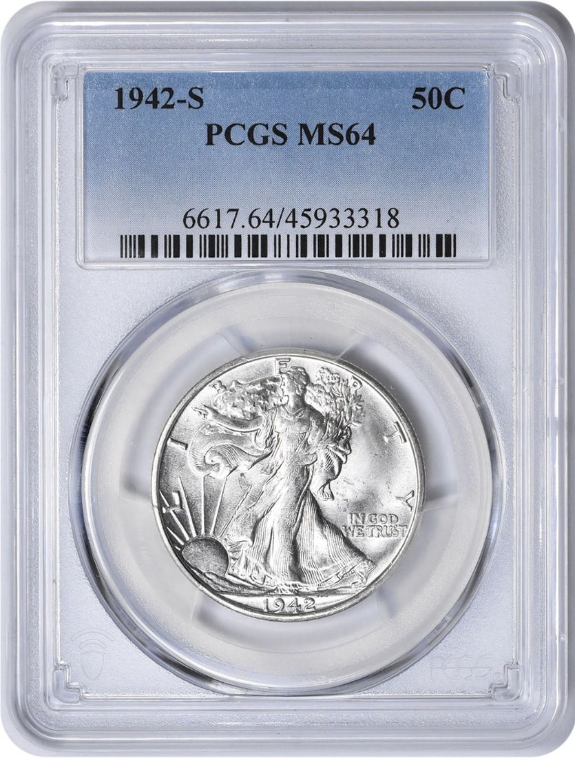 1942-S Walking Liberty Half Dollar MS64 PCGS 90% Silver Coin: 1942-S Walking Liberty Half Dollar MS64 PCGS 90% Silver Coin This 1942-S Walking Liberty Silver Half Dollar is a stunning example of American coinage, graded MS64 by PCGS, ensuring its high quality. M