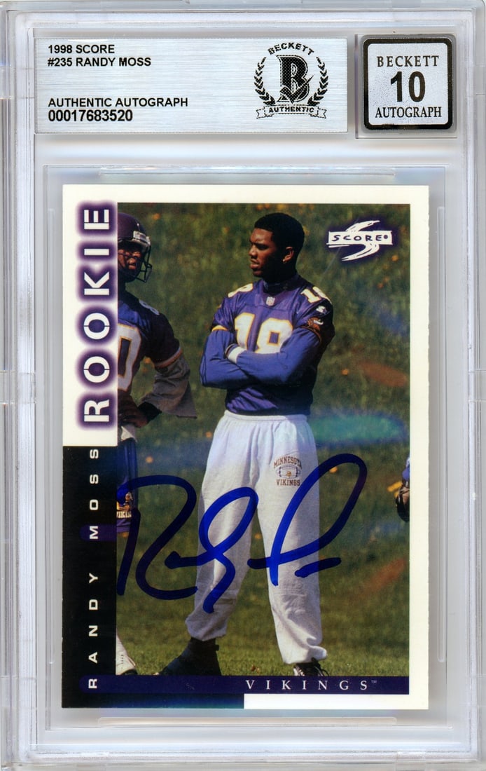 Randy Moss 1998 Score #235 Rookie Autograph Card BGS 10: Randy Moss 1998 Score #235 Rookie Autograph Card BGS 10 This is a 1998 Score football trading card featuring Randy Moss of the Minnesota Vikings. It is an original autographed rookie card, graded and 