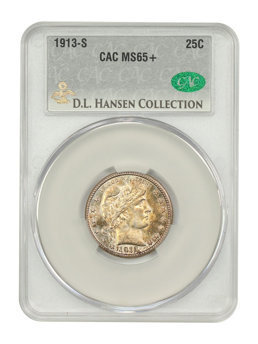 CACG MS65+ 1913-S Barber Quarter 25C ex D.L. Hansen: CACG MS65+ 1913-S Barber Quarter 25C ex D.L. Hansen This 1913-S Barber Quarter is a CACG-certified uncirculated example graded MS65+. A key date issue in the series, it is noted for its low mintage of