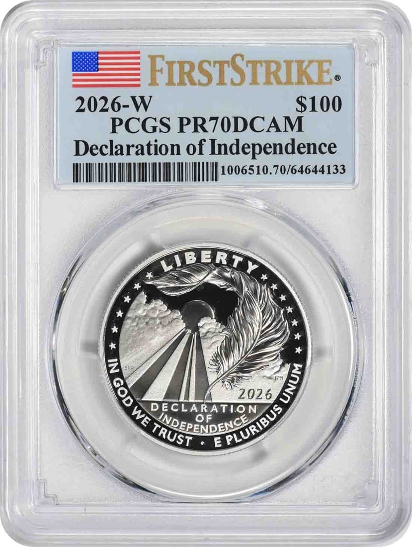 2026 $100 Platinum Eagle PCGS PR70DCAM First Strike: 2026 $100 Platinum Eagle PCGS PR70DCAM First Strike This is a 2026 American Platinum Eagle $100 coin, produced by the U.S. Mint. The coin is composed of 0.999 fine platinum and features the Statue of 