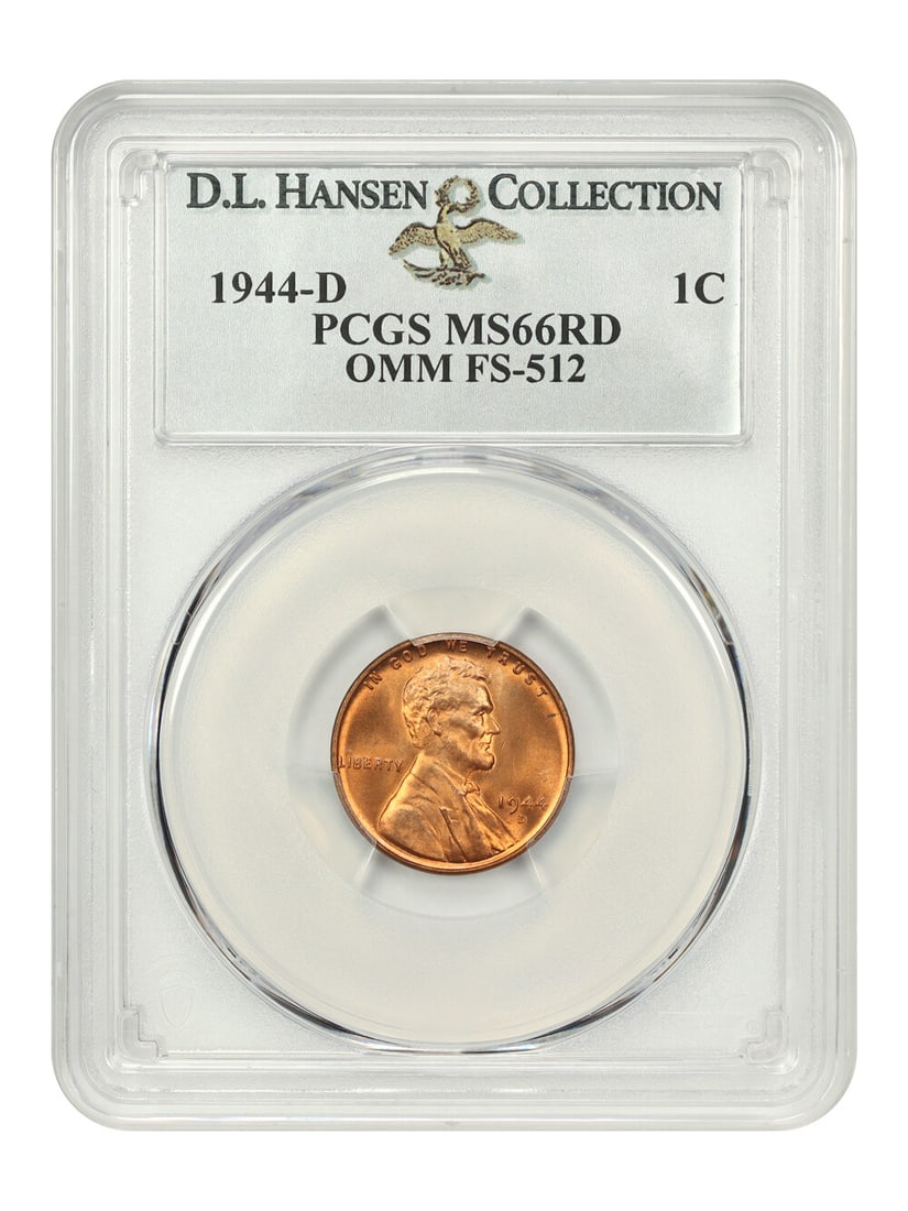 PCGS MS66 RD 1944-D Lincoln Wheat Cent FS-512 OMM ex D.L. Hansen: PCGS MS66 RD 1944-D Lincoln Wheat Cent FS-512 OMM ex D.L. Hansen This 1944-D Lincoln Cent (Wheat Reverse) is a PCGS MS66 RD uncirculated coin from the dramatic over-mintmark variety, with the underlyi