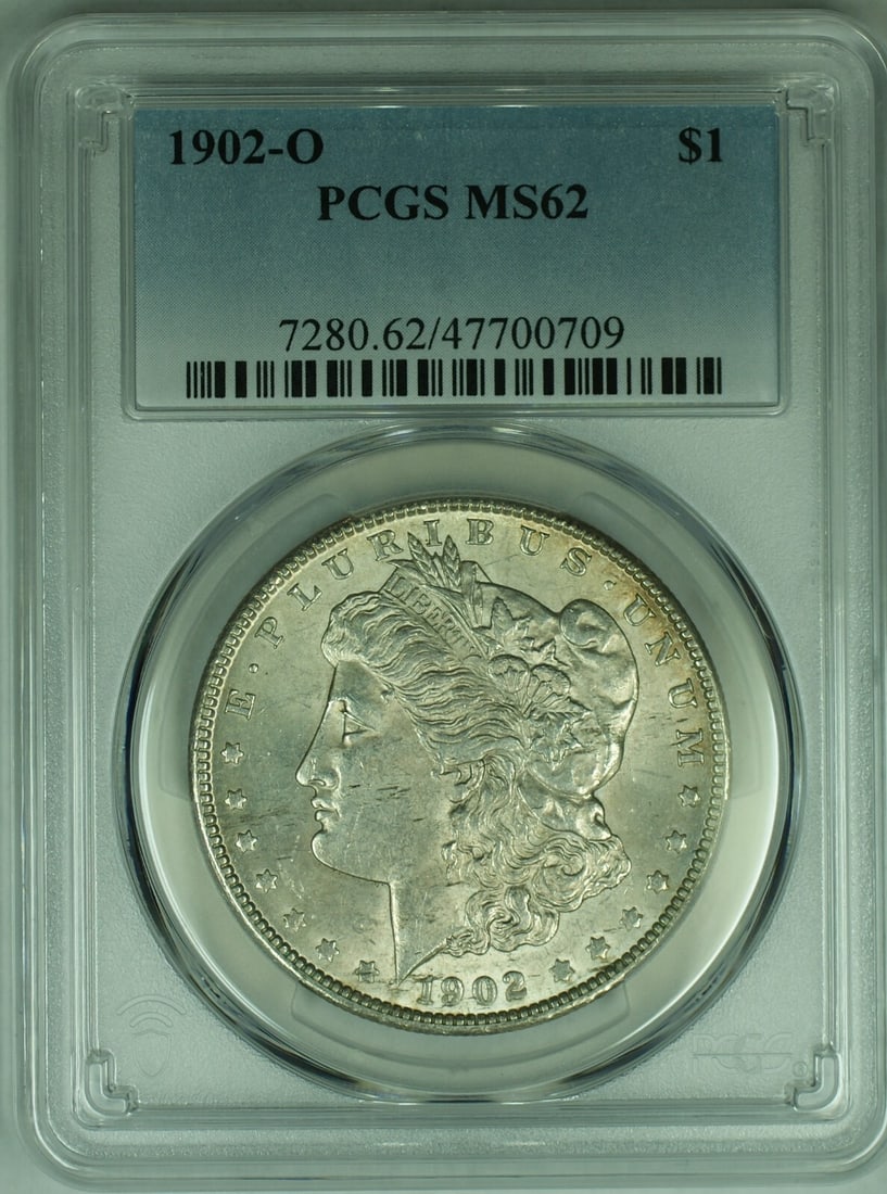 PCGS MS 62 Graded 1902-O Morgan Silver Dollar Coin: PCGS MS 62 Graded 1902-O Morgan Silver Dollar Coin This is a 1902-O Morgan Silver Dollar coin from the United States, certified by PCGS with a grade of MS 62. The coin is uncirculated and composed of 