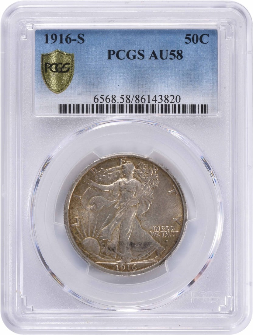 1916-S Walking Liberty Half Dollar AU58 PCGS Silver Coin: 1916-S Walking Liberty Half Dollar AU58 PCGS Silver Coin This 1916-S Walking Liberty Half Dollar is a stunning example of American coinage, certified by PCGS with an AU58 grade. Featuring the iconic L