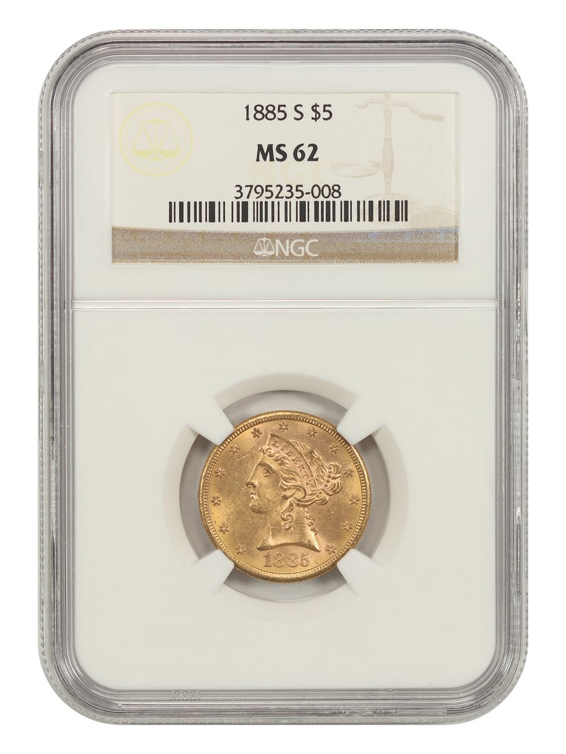 NGC MS62 1885-S Liberty Head Half Eagle $5 Gold Coin: NGC MS62 1885-S Liberty Head Half Eagle $5 Gold Coin 1885-S Liberty Head $5 coin, denominated at $5 and dated 1885. Certified by NGC and graded MS62. Minted in San Francisco. Pre-owned condition. Spec
