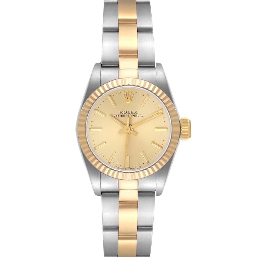 Ladies Rolex Oyster Perpetual 67193 Champagne Dial Oyster Bracelet: Ladies Rolex Oyster Perpetual 67193 Champagne Dial Oyster Bracelet This ladies' Rolex Oyster Perpetual watch features a champagne stick dial and a fluted bezel, paired with a classic Oyster bracelet. 