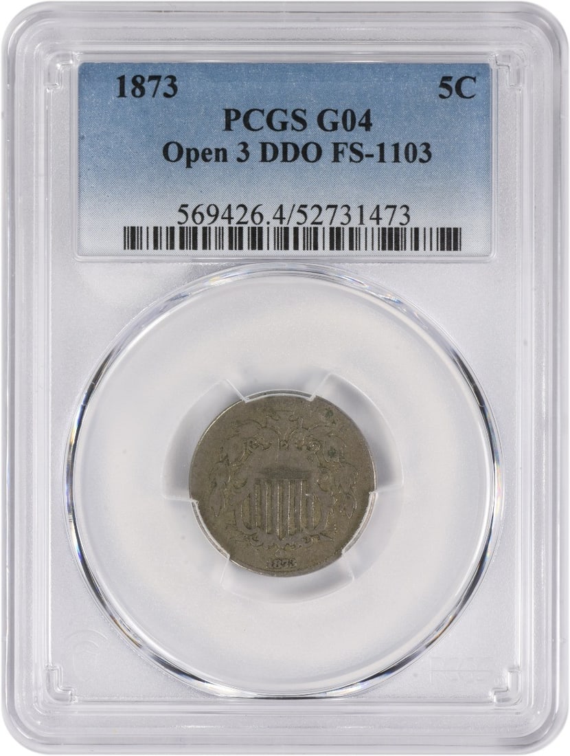 1873 Shield Nickel Open 3 DDO FS-1103 Certified PCGS: 1873 Shield Nickel Open 3 DDO FS-1103 Certified PCGS This 1873 Shield Nickel features an Open 3 design, certified by PCGS and graded as Good (G). Minted in Philadelphia, this coin showcases the artist