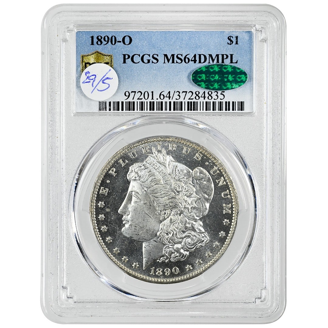 1890-O Morgan silver dollar PCGS CAC MS64DMPL: 1890-O Morgan silver dollar PCGS CAC MS64DMPL This 1890-O Morgan Dollar is a rare and attractive coin struck at the New Orleans Mint. Graded MS64DMPL by PCGS and CAC, it features deep mirror proof-lik