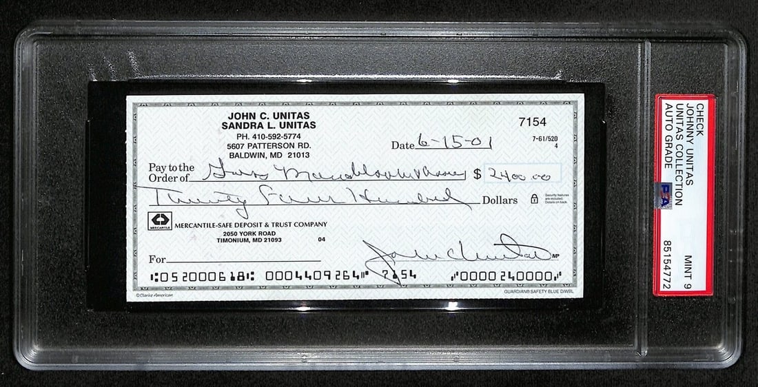 Johnny Unitas HOF Signed 2001 Bank Check Colts PSA/DNA MINT 9: Johnny Unitas HOF Signed 2001 Bank Check Colts PSA/DNA MINT 9 This is an original, signed 2001 bank check featuring Hall of Famer Johnny Unitas, a legendary player for the Baltimore Colts. The check c