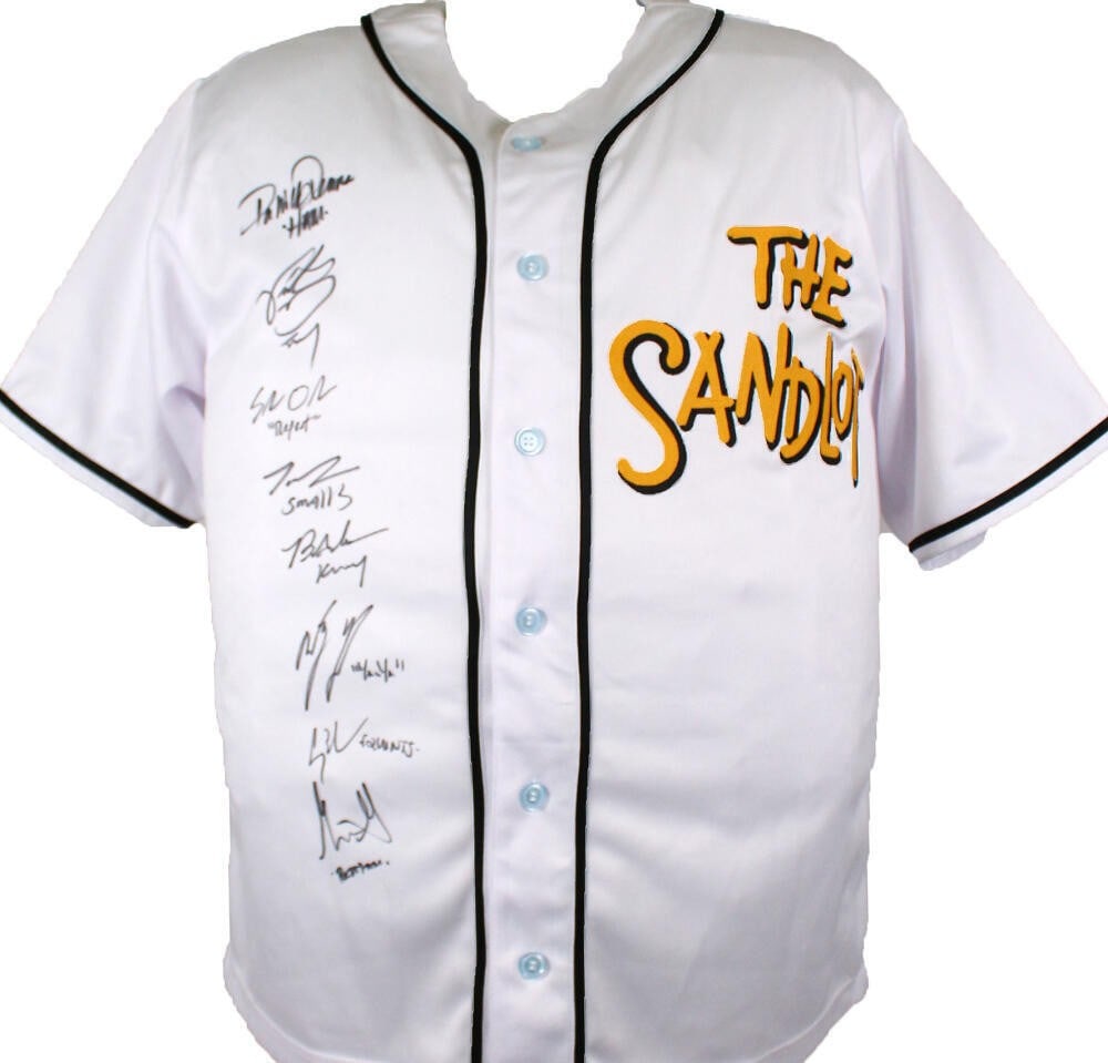 Black Sandlot cast jersey signed by 8 actors with Beckett hologram: Black Sandlot cast jersey signed by 8 actors with Beckett hologram Autographed baseball jersey featuring The Sandlot cast. The jersey is described as original and pre-owned, with a Beckett W hologram 
