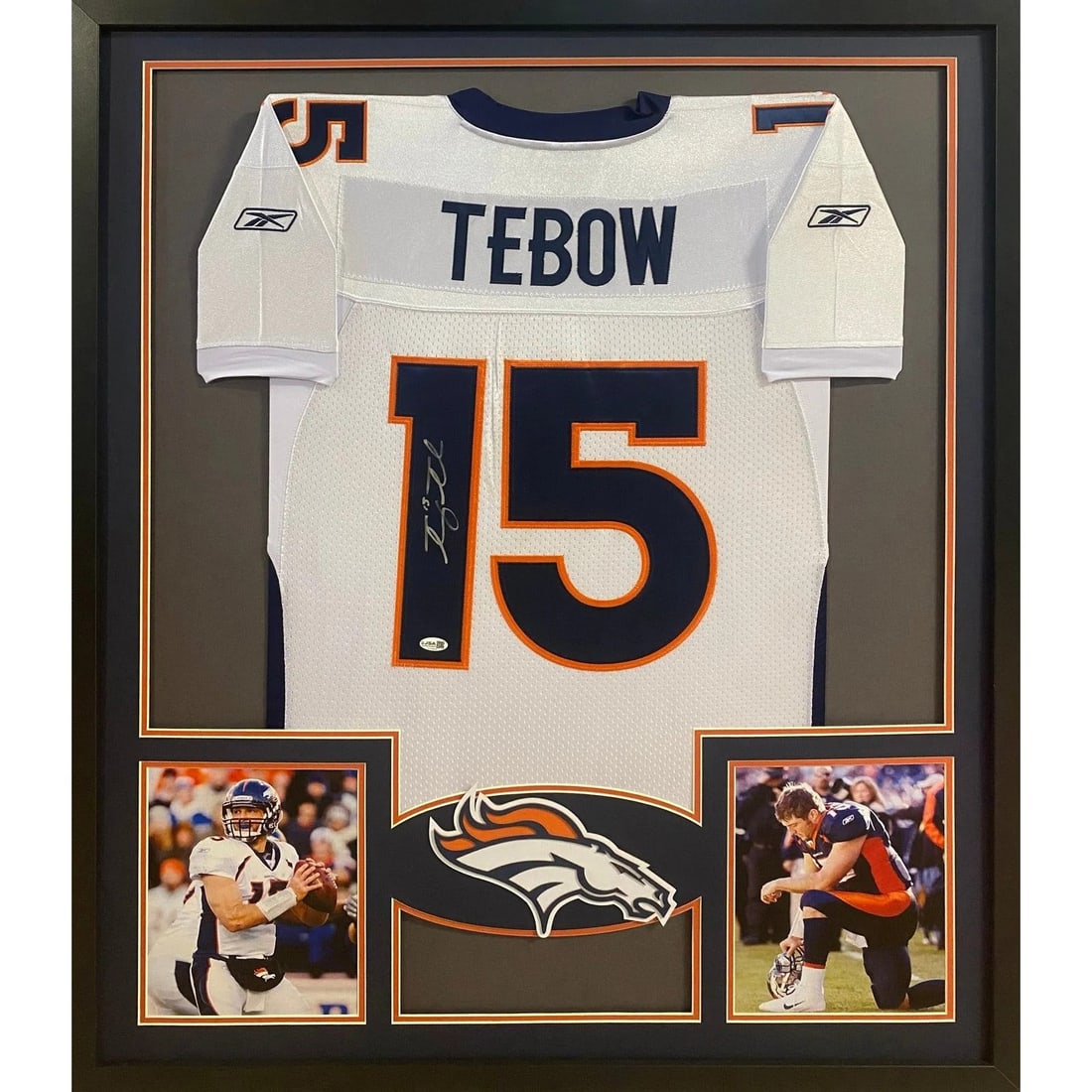 Framed Tim Tebow Denver Broncos Jersey With JSA Authentication and Signature: Framed Tim Tebow Denver Broncos Jersey With JSA Authentication and Signature This framed Denver Broncos jersey features an authentic autograph by Tim Tebow. The jersey is professionally framed with de