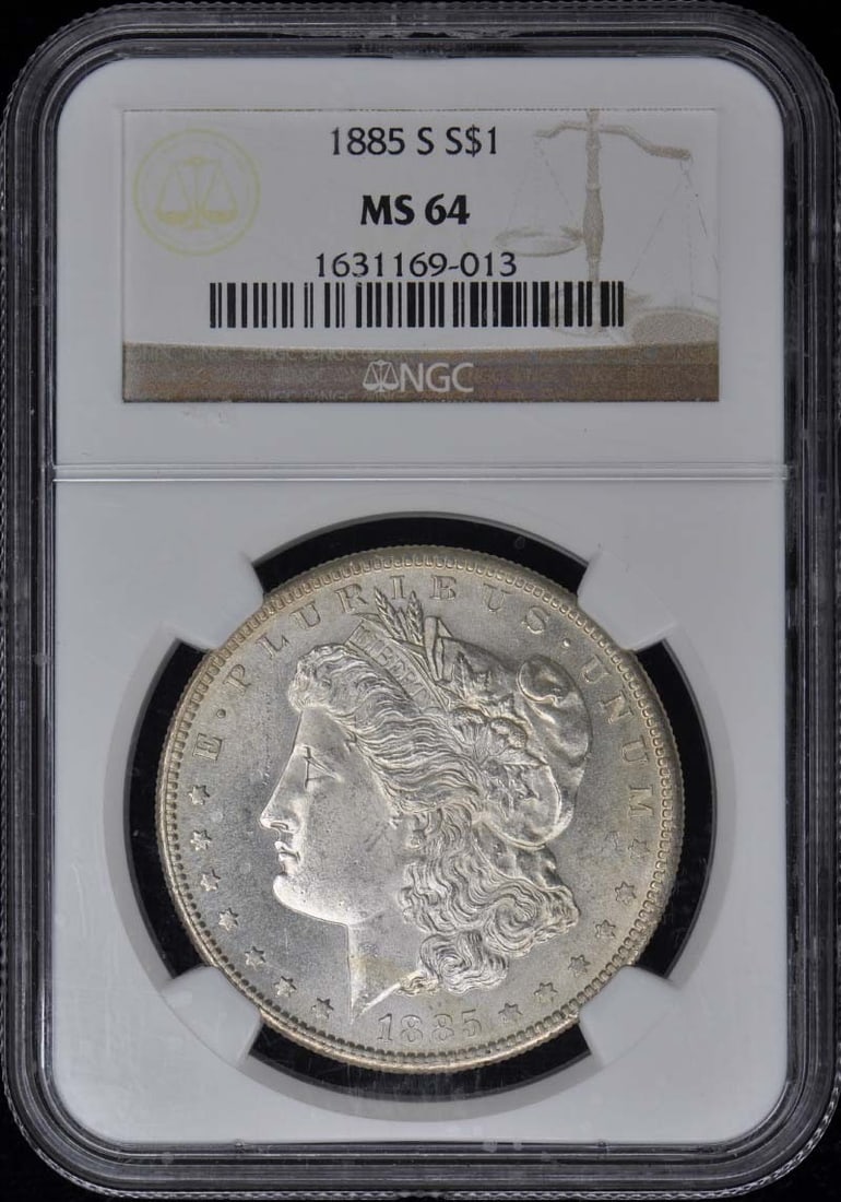 1885-S NGC MS64 Uncirculated Morgan Dollar Coin: 1885-S NGC MS64 Uncirculated Morgan Dollar Coin This 1885-S Morgan Dollar is a remarkable piece of numismatic history, certified by NGC with a grade of MS64, indicating it is in uncirculated condition
