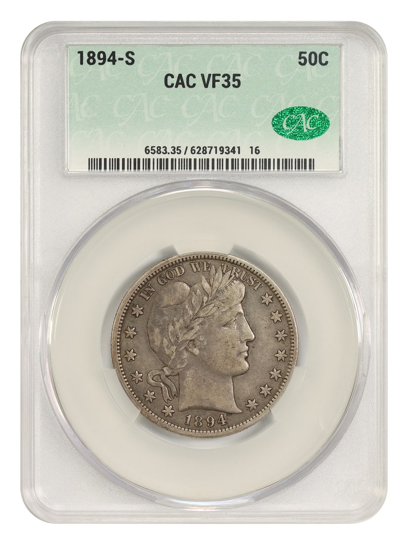 Barber Half Dollar 1894-S 50C VF35 CACG Certified: Barber Half Dollar 1894-S 50C VF35 CACG Certified 1894-S Barber Half Dollar, denomination 50C, minted in San Francisco. The coin is circulated and certified by CACG, with certification number 62871934