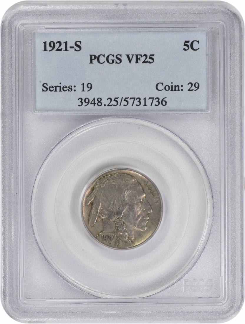 PCGS VF25 1921-S Buffalo 5C Nickel: PCGS VF25 1921-S Buffalo 5C Nickel This is a 1921-S Buffalo Nickel graded VF25 by PCGS. The coin is circulated and composed of nickel. It features the classic Buffalo design and originates from the Un