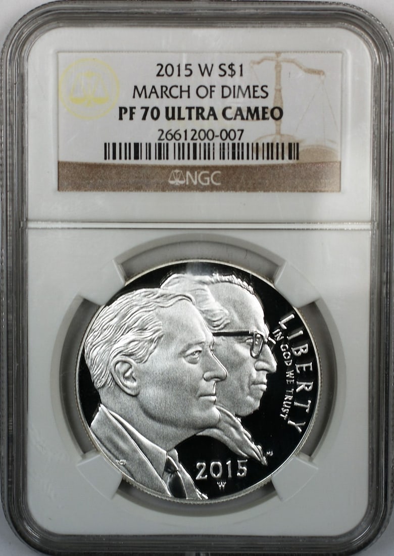 NGC PF-70 2015-W March of Dimes Silver Proof Dollar Ultra Cameo: NGC PF-70 2015-W March of Dimes Silver Proof Dollar Ultra Cameo This 2015-W $1 Silver Dollar Proof March of Dimes coin is struck in silver at the West Point Mint. Certified by NGC with a perfect grade