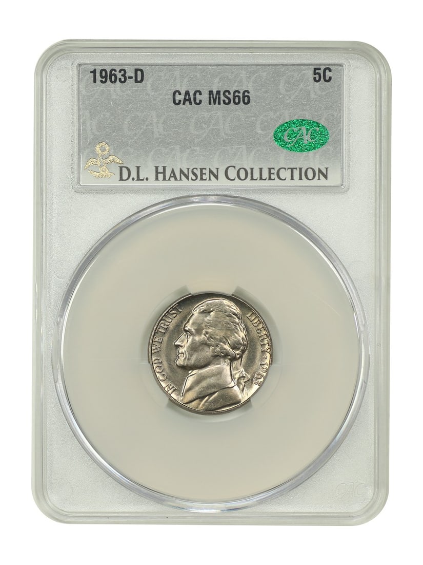 1963-D Jefferson Nickel CACG MS66 Ex D.L. Hansen: 1963-D Jefferson Nickel CACG MS66 Ex D.L. Hansen This 1963-D Jefferson Nickel is graded MS66 by CACG, indicating it is uncirculated and in exceptional condition. With a mint location of Denver and a d