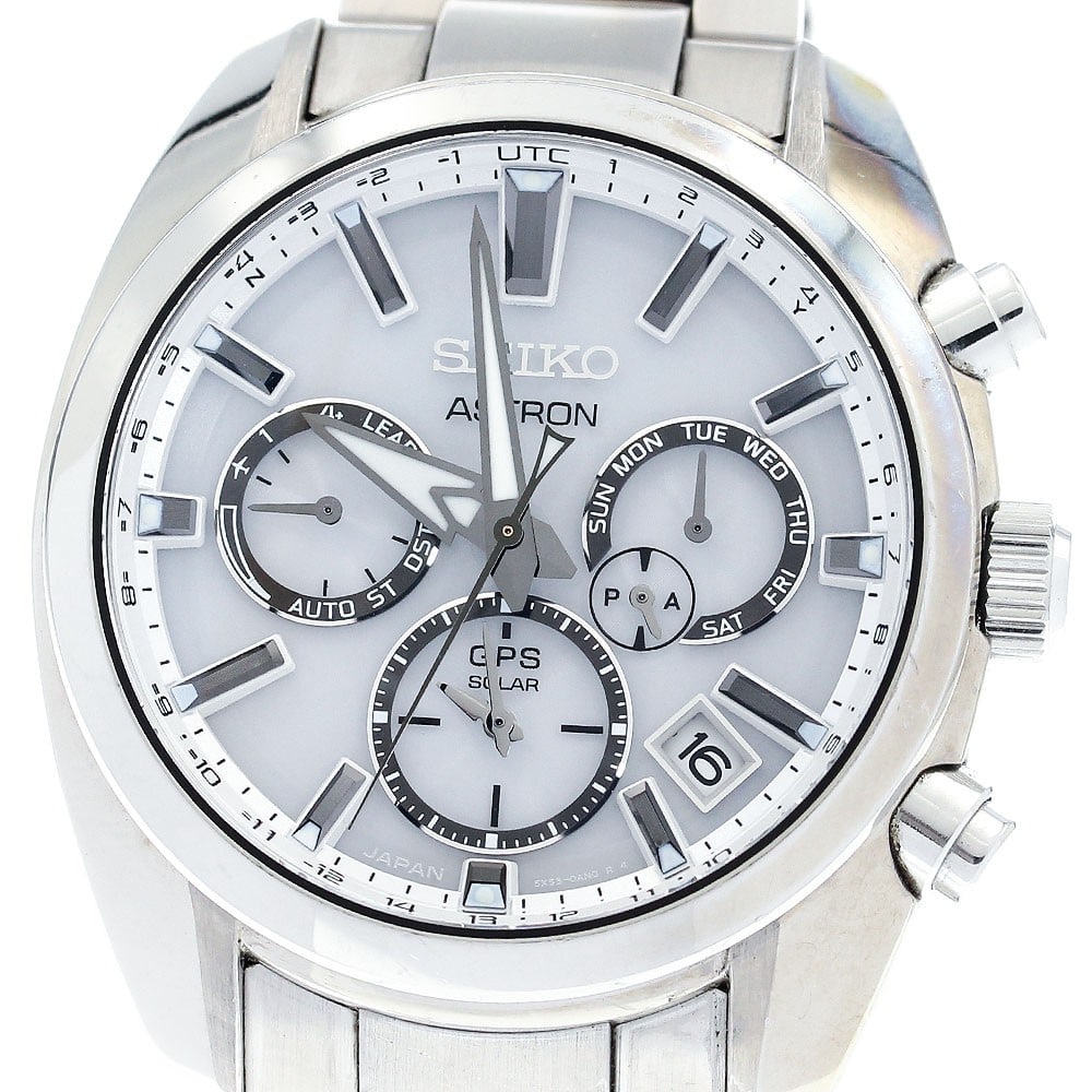 SEIKO Astron Solar Radio Controlled Men's Wristwatch SBXC047: SEIKO Astron Solar Radio Controlled Men's Wristwatch SBXC047 This Seiko Astron men's wristwatch, model SBXC047/5X53-0AJ0, features a stainless steel case and bracelet with a white dial. It operates wi