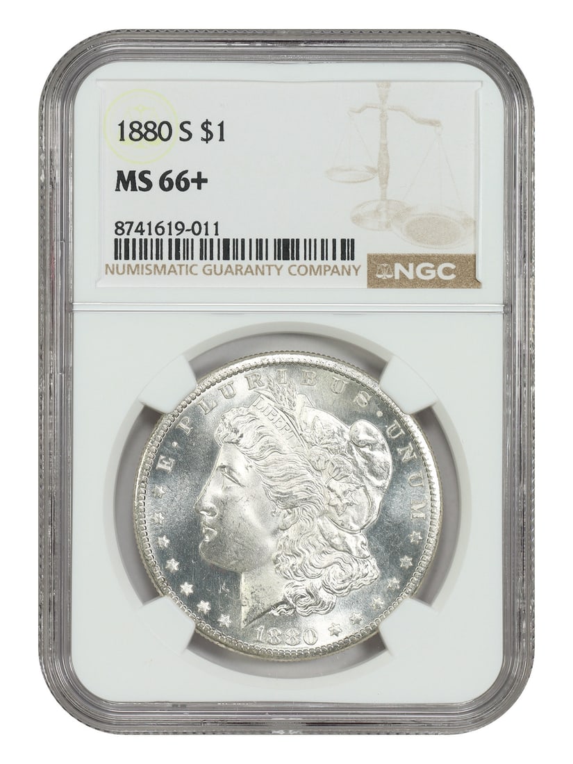 NGC MS66+ 1880-S Morgan Silver Dollar $1 Uncirculated: NGC MS66+ 1880-S Morgan Silver Dollar $1 Uncirculated 1880-S Morgan Dollar $1 certified by NGC with an MS66+ grade. This uncirculated coin is from the San Francisco Mint and is identified by certifica