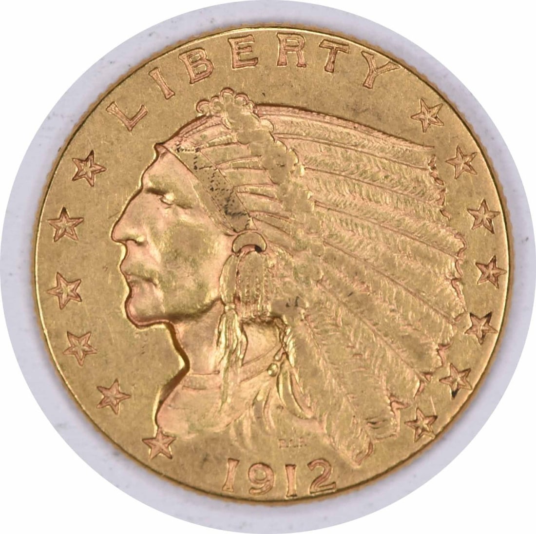 1912 Indian Head $2.50 Gold Coin AU Grade Uncertified Philadelphia Mint: 1912 Indian Head $2.50 Gold Coin AU Grade Uncertified Philadelphia Mint This 1912 $2.50 Gold Indian coin was minted in Philadelphia and designed by Bela Lyon Pratt. Composed of 90% gold and 10% copper