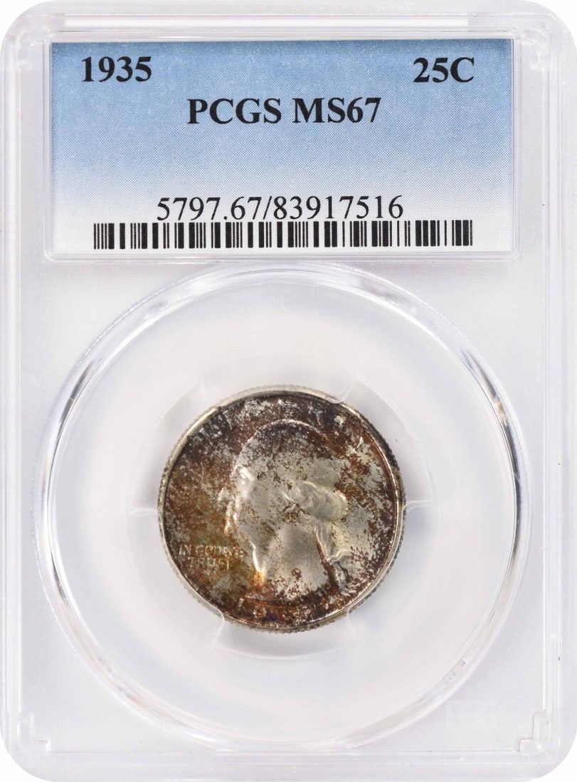 PCGS MS67 1935 Washington silver 25C quarter: PCGS MS67 1935 Washington silver 25C quarter This is a 1935 Washington Silver Quarter graded MS67 by PCGS. The coin is uncirculated and features a silver composition. It originates from the United Sta