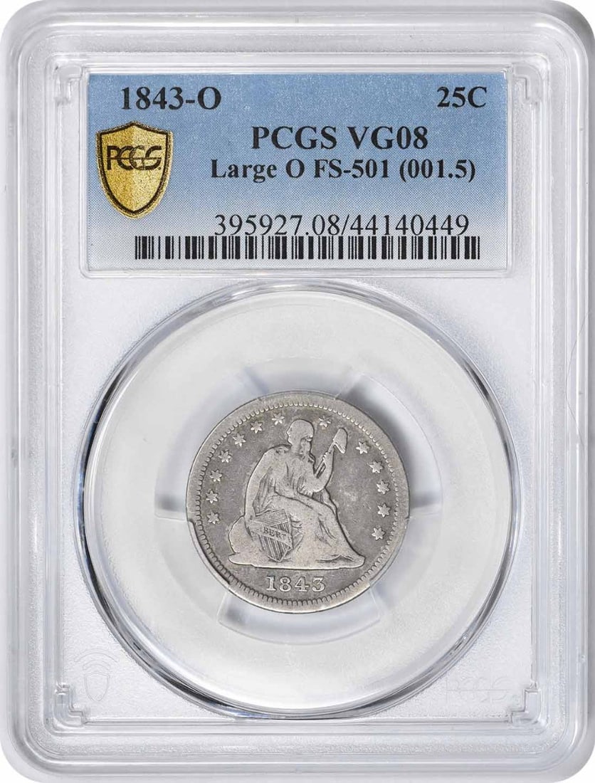 1843-O Liberty Seated Quarter Large O PCGS VG8 Silver Coin: 1843-O Liberty Seated Quarter Large O PCGS VG8 Silver Coin This 1843-O Liberty Seated Quarter, certified by PCGS as VG8, is a remarkable piece of numismatic history. Struck at the New Orleans Mint, th