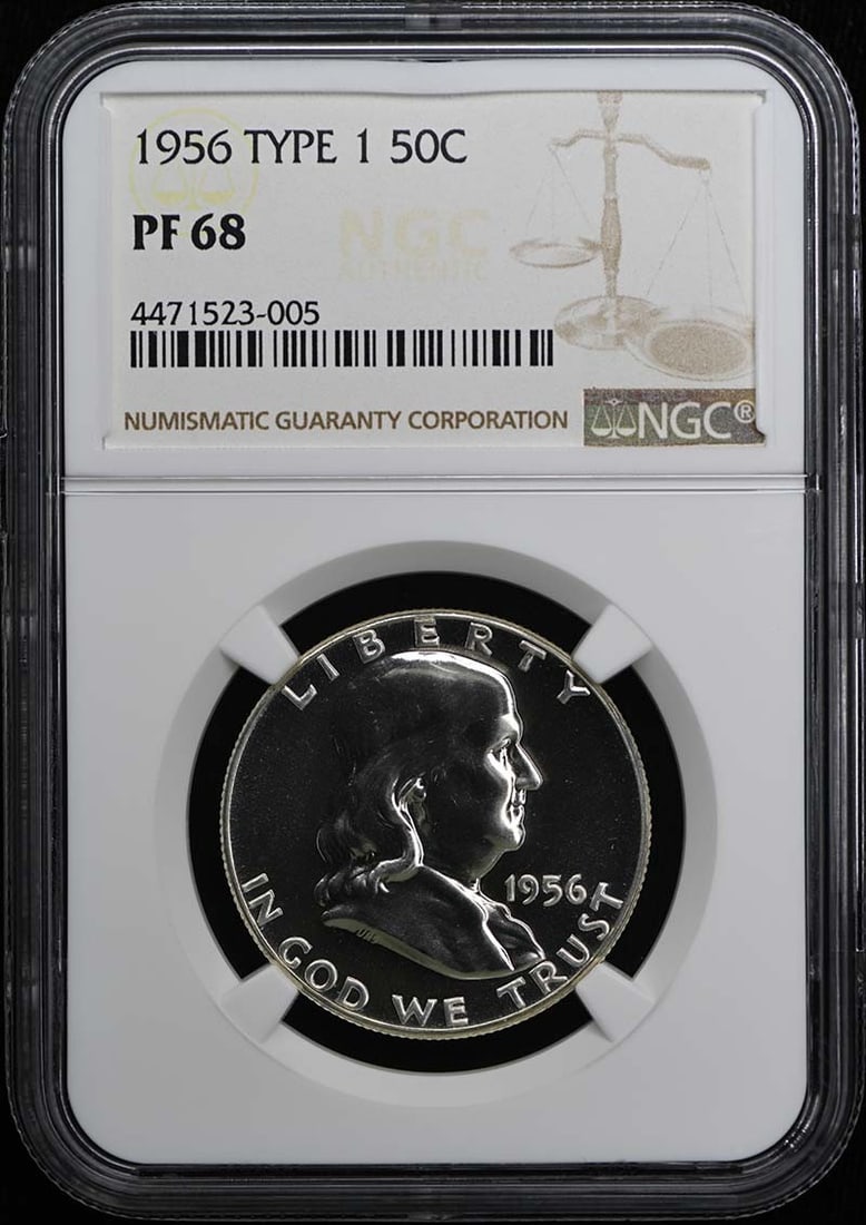 1956 Franklin Half Dollar NGC PR68 Uncirculated Proof Coin: 1956 Franklin Half Dollar NGC PR68 Uncirculated Proof Coin This 1956 Type 1 Franklin Half Dollar is graded PR68 by NGC, indicating its exceptional uncirculated condition. Struck at the Philadelphia mi