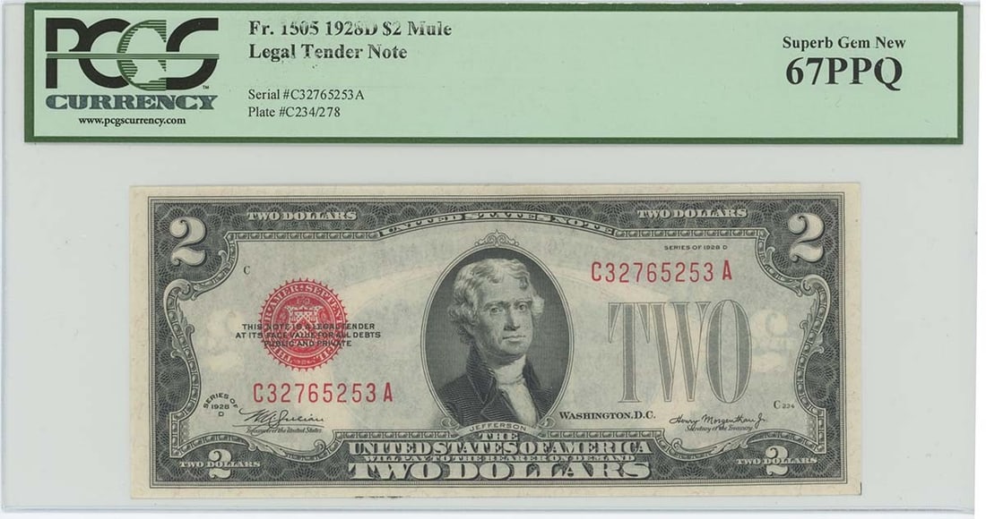 1928D $2 Legal Tender Note FR#1505 PCGS 67 Superb Gem: 1928D $2 Legal Tender Note FR#1505 PCGS 67 Superb Gem This 1928D $2 Legal Tender Note (FR#1505) is certified by PCGS Currency with a certification number of 80301662. It is graded as MS67, indicating 