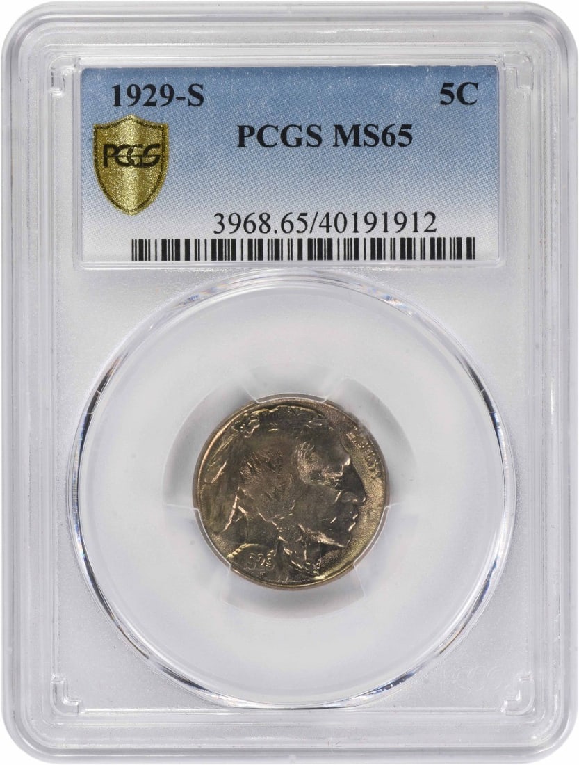 Buffalo Five Cent Coin 1929 S MS65 Graded by PCGS: Buffalo Five Cent Coin 1929 S MS65 Graded by PCGS This is a 1929-S Buffalo Nickel graded MS65 by PCGS. The coin is uncirculated and composed of nickel. It was minted in San Francisco and is a five-cen