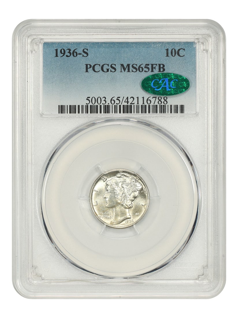 Mercury Dime 1936-S 10C PCGS MS65FB CAC: Mercury Dime 1936-S 10C PCGS MS65FB CAC 1936-S Mercury Dime graded MS65FB by PCGS and approved by CAC. This uncirculated coin is from the San Francisco Mint and is pre-owned. Certification number 4211