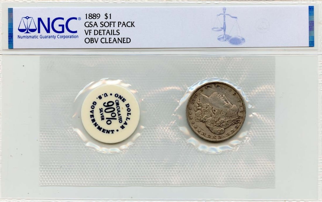 NGC AU Details 1889 Morgan Silver Dollar in GSA Soft Pack (1 of 2)