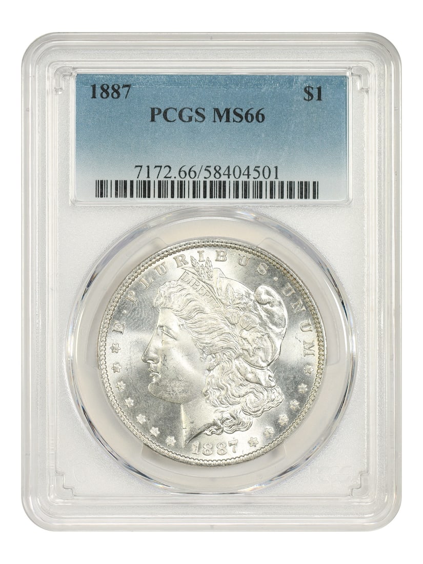 PCGS MS66 1887 Morgan Dollar $1 Uncirculated: PCGS MS66 1887 Morgan Dollar $1 Uncirculated An 1887 Morgan Dollar $1 from the Philadelphia Mint, graded MS66 by PCGS. The coin is uncirculated and comes with certification number 58404501. Condition 