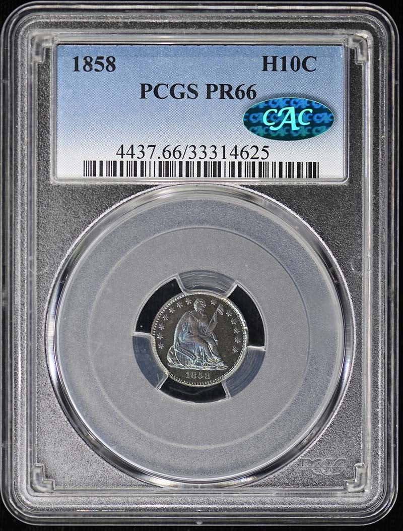1858 Proof Liberty Seated Half Dime PCGS PR66 CAC: 1858 Proof Liberty Seated Half Dime PCGS PR66 CAC This 1858 Liberty Seated Half Dime is a proof coin graded PR66 by PCGS, with an additional CAC designation. Struck in Philadelphia, this uncirculated 