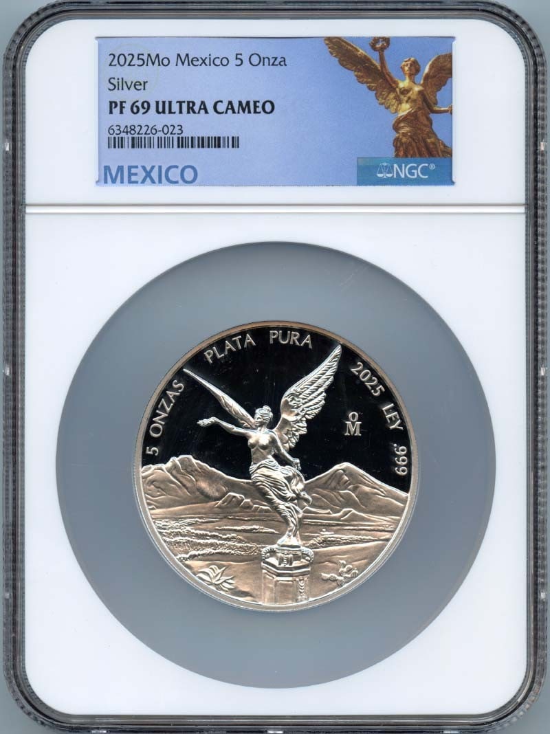 NGC PR69 2025 Mexico 5 Onza Silver Libertad Coin: NGC PR69 2025 Mexico 5 Onza Silver Libertad Coin This 2025 Mexico Libertad 5 Onza silver coin is certified by NGC with a grade of PR69. The coin is un-used and in pre-owned condition, showcasing excep