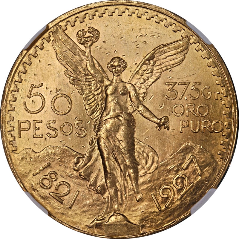 Mexico 1927 Gold 50 Peso Coin NGC Uncirculated Obverse Damage: Mexico 1927 Gold 50 Peso Coin NGC Uncirculated Obverse Damage This original 1927 Mexico Gold 50 Peso coin is certified by NGC with Uncirculated Details. It features impressive eye appeal, attractive l