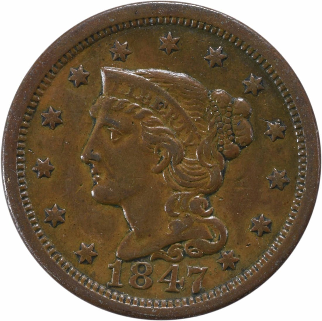 1847 Braided Hair Large Cent Copper Coin Uncertified XF: 1847 Braided Hair Large Cent Copper Coin Uncertified XF This 1847 Large Cent features a classic Braided Hair design by Christian Gobrecht. Struck at the Philadelphia mint, this coin is composed of cop