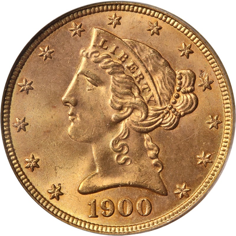 PCGS MS65 CAC 1900-P Liberty Five Dollar Gold Coin Exceptional Luster: PCGS MS65 CAC 1900-P Liberty Five Dollar Gold Coin Exceptional Luster This 1900-P Liberty Gold $5 coin is certified by PCGS as MS65 and features a CAC sticker. The coin displays superb eye appeal, vib
