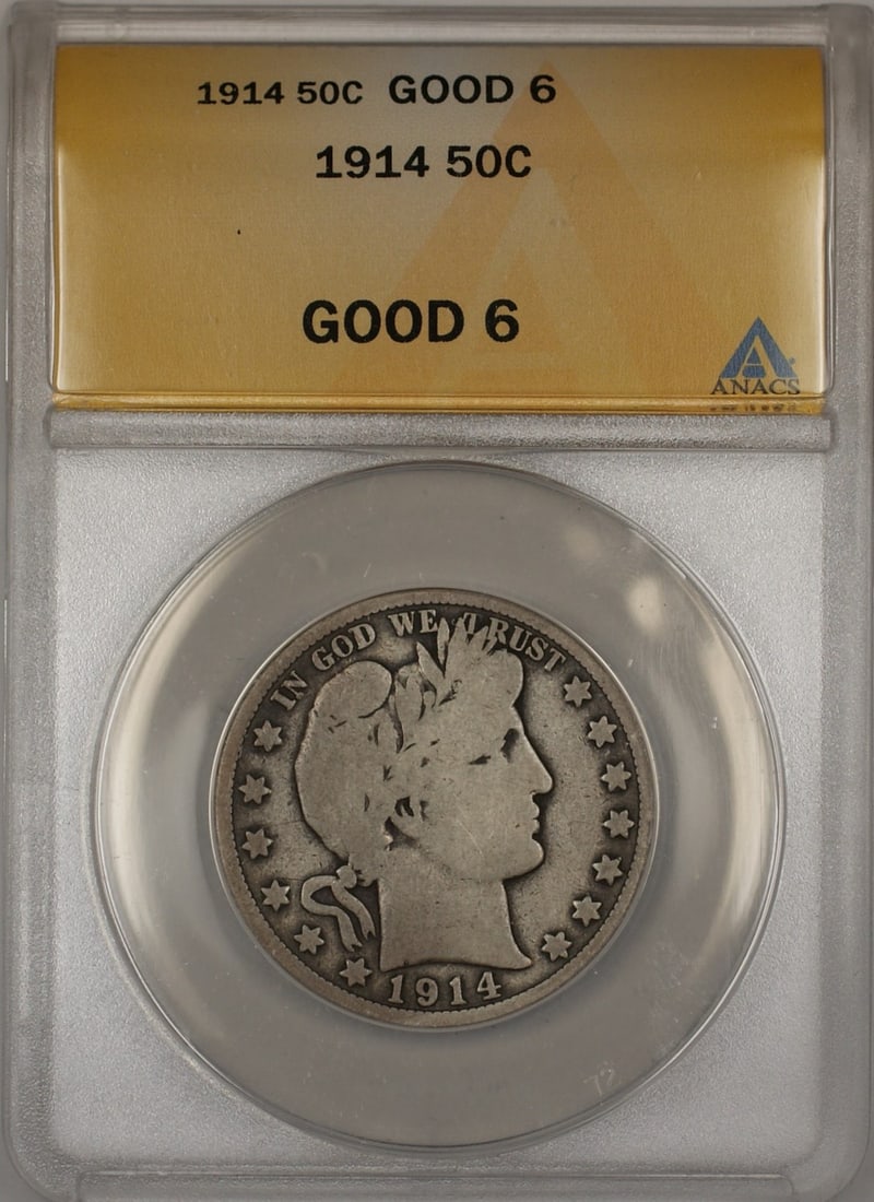 ANACS G-6 1914 Barber Half Dollar Silver 50c: ANACS G-6 1914 Barber Half Dollar Silver 50c This 1914 Barber Silver Half Dollar is graded G-6 by ANACS and was minted in Philadelphia. The coin is composed of silver and has been circulated. It is a 