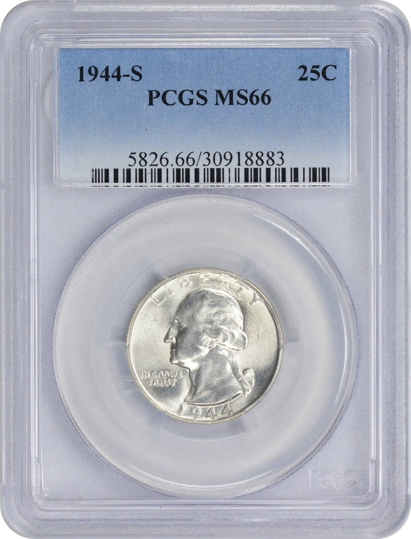 MS66 PCGS 1944-S Silver Washington Quarter San Francisco Mint: MS66 PCGS 1944-S Silver Washington Quarter San Francisco Mint This is a 1944-S Washington Quarter, certified MS66 by PCGS. Struck at the San Francisco Mint, this uncirculated coin is composed of 90% s